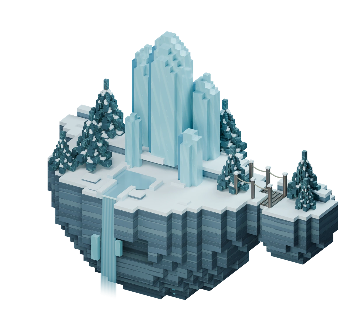 Iced Fox's floating winter world: glacial spires, snow-covered spruce, a timber bridge and a flowing waterfall, built in voxel art.