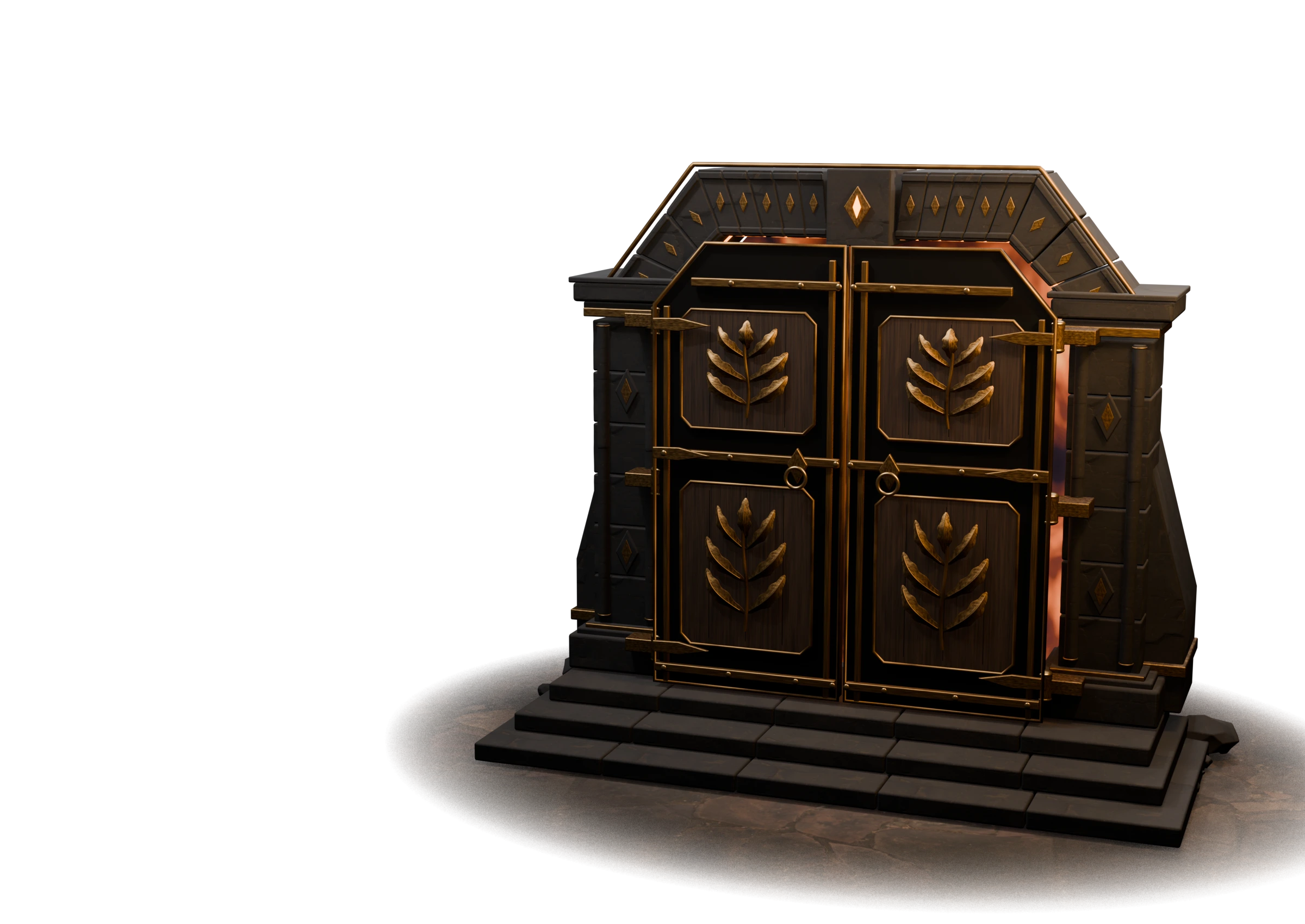 A carved stone gateway with bronze reliefs, dark oak doors, amber magic and embers.