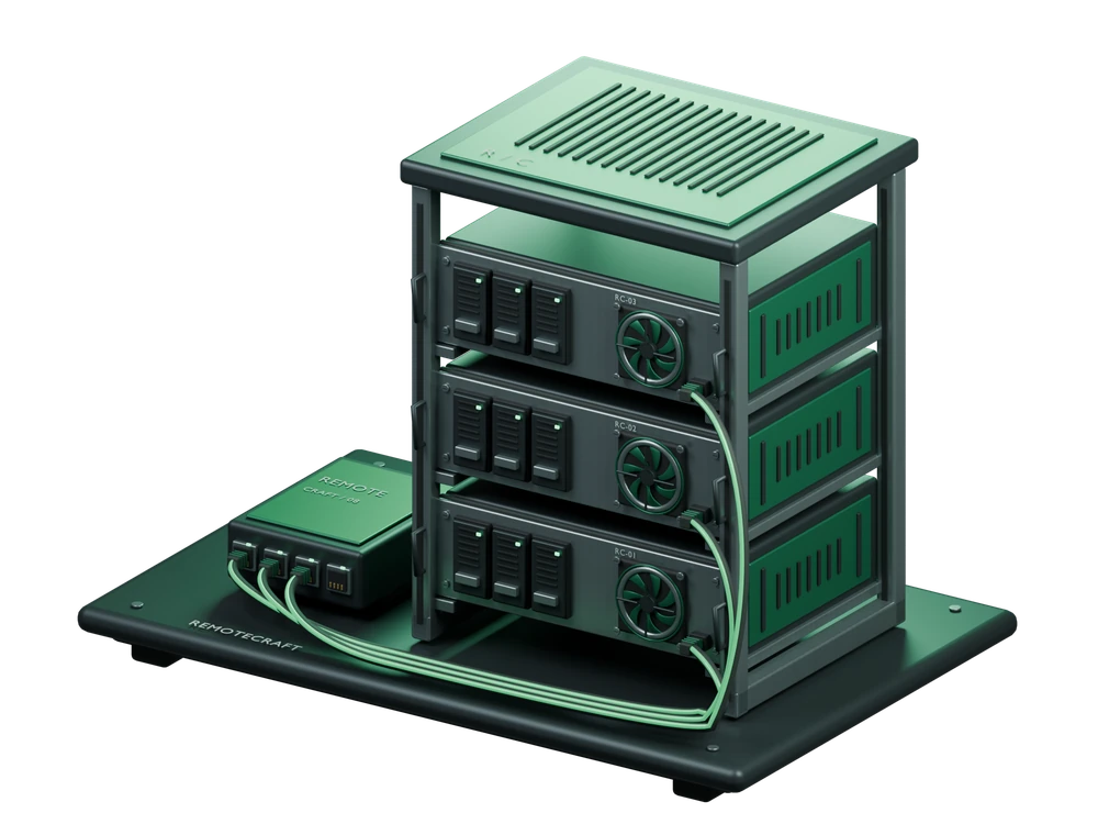 RemoteCraft servers with brushed metal drive bays, rotating cooling fans and green fiber links to a network switch.